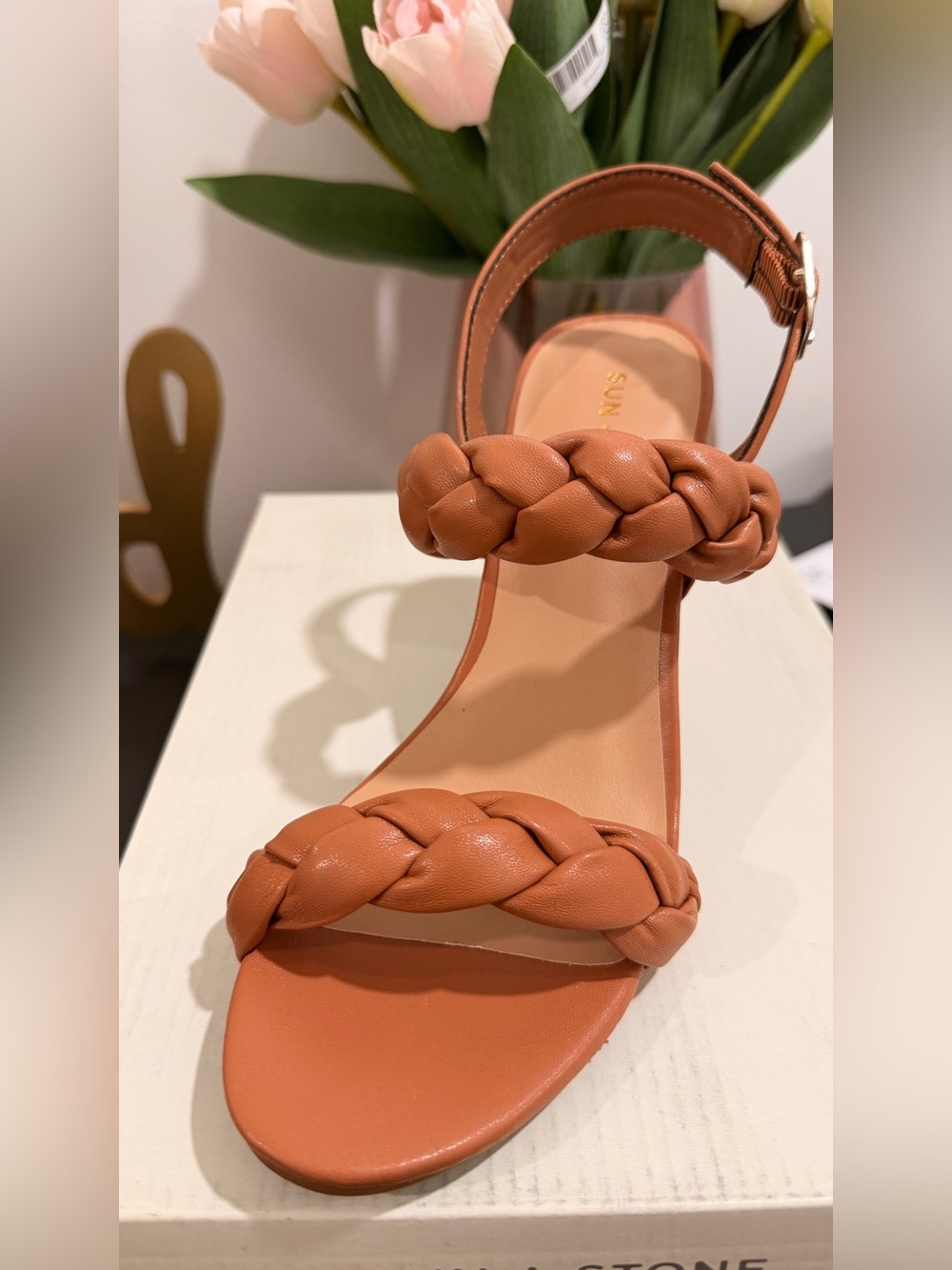 Braided Two-Strap Ankle Sandal in Cognac